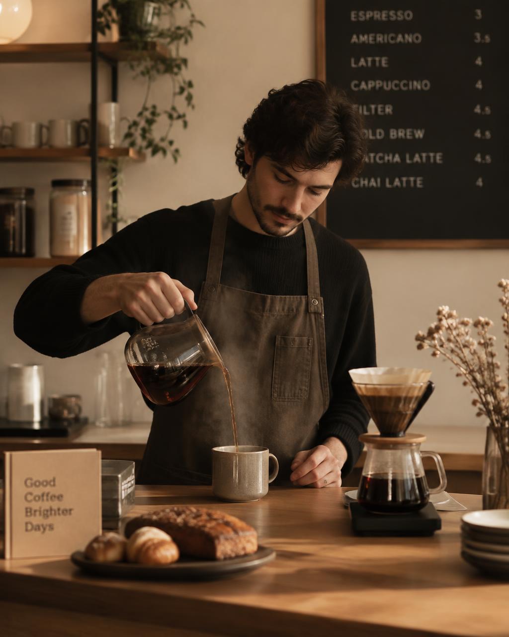 Barista filteres kávét tölt egy kávézó pultjánál