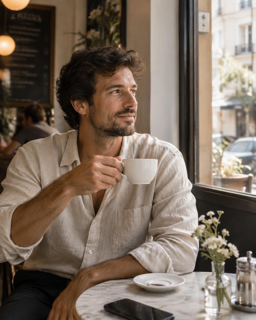 Férfi kávéval egy napfényes kávézóban, lifestyle portré