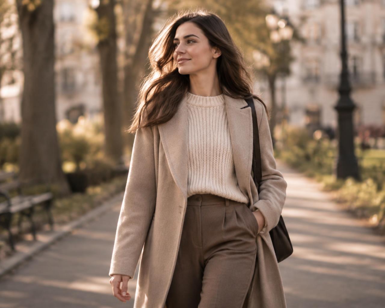 Nő sétál a városi parkban késő délutáni fényben, lifestyle portré